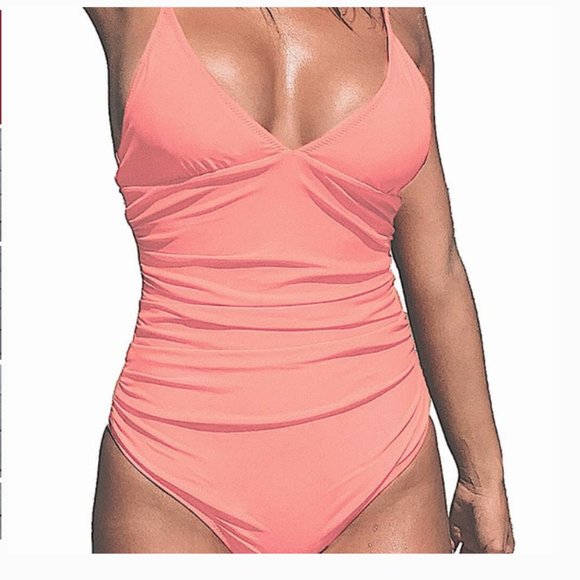 Cupshe Other - Cupshe V-Neck Spaghetti Strap Ruched Swimsuit Sz L Coral Pink NWT